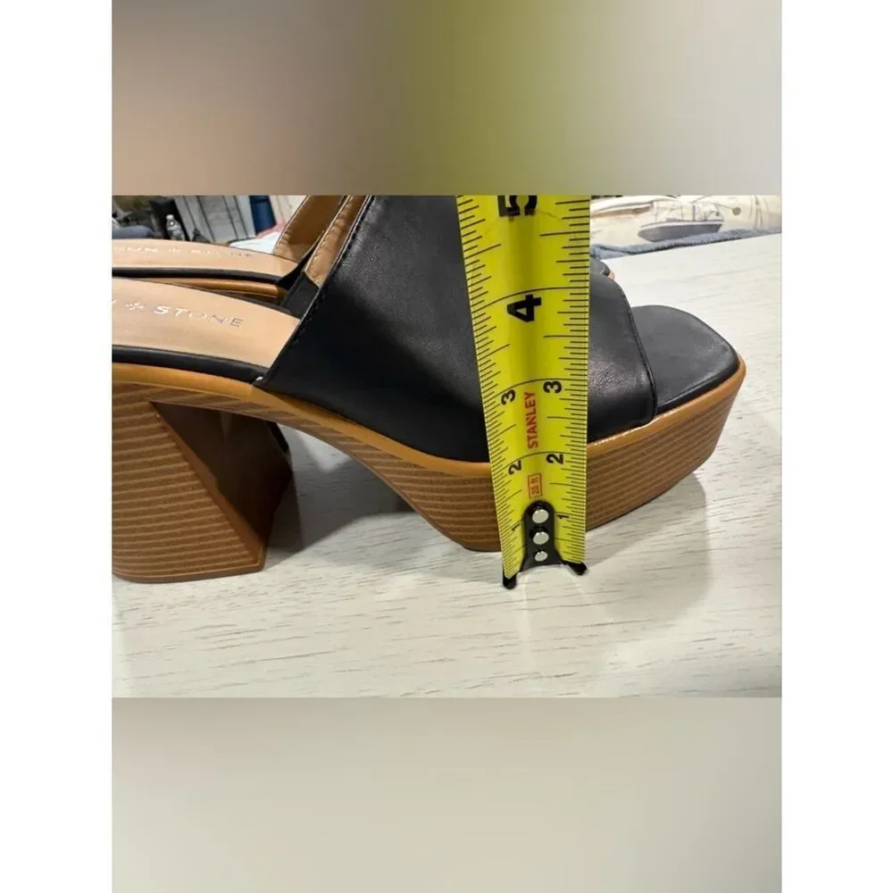 Sun + Stone Black  Platform Mule Sandals with Tan Wood-Look Heel